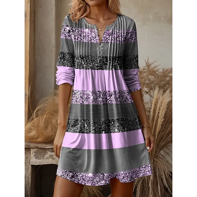 Women’s Sweatshirt Dress Casual Dress Mini Dress Warm Active Outdoor Going out Weekend V Neck Print Striped Loose Fit Pink Blue Purple S M L XL XXL 84c57690e29fdde9605fe47ae001af27