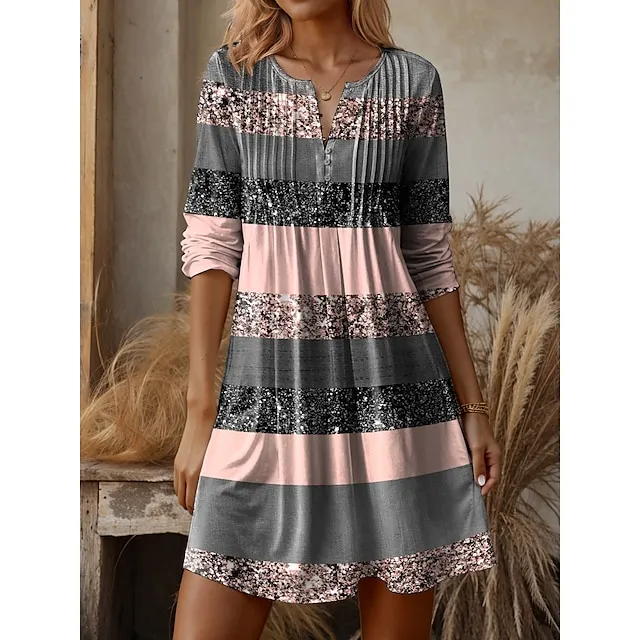 Women's Sweatshirt Dress Casual Dress Mini Dress Warm Active Outdoor Going out Weekend V Neck Print Striped Loose Fit Pink Blue Purple S M L XL XXL e08650d43bedc816f34b600b611a87fb