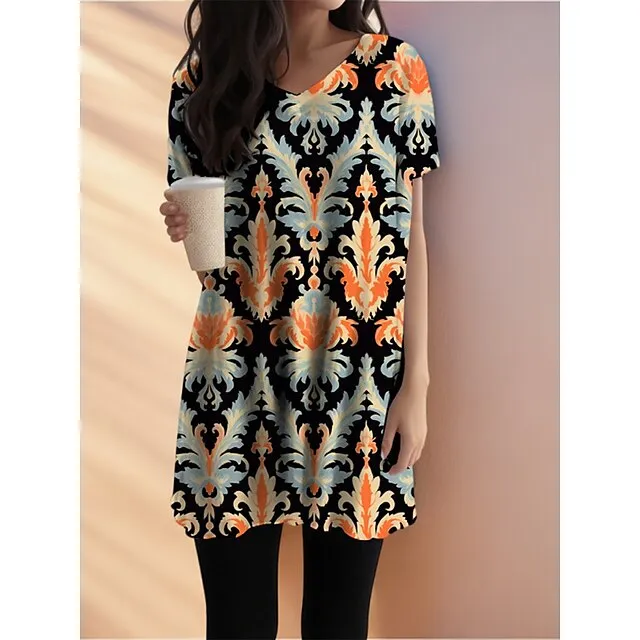 Women's Bohemian Nightgown Ethnic Nightdress Color Combo Casual Home Polyester V Wire Summer Spring Yellow Red S 3XL 0ce5e61c3bdf2114d4ed7bd993198a7f