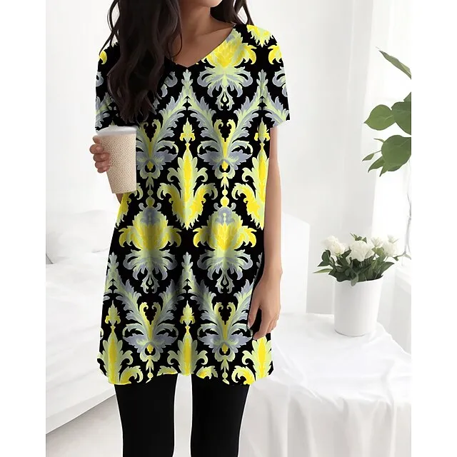 Women’s Bohemian Nightgown Ethnic Nightdress Color Combo Casual Home Polyester V Wire Summer Spring Yellow Red S 3XL 358a9bd46e08ea20dba54dfdaad8ff07
